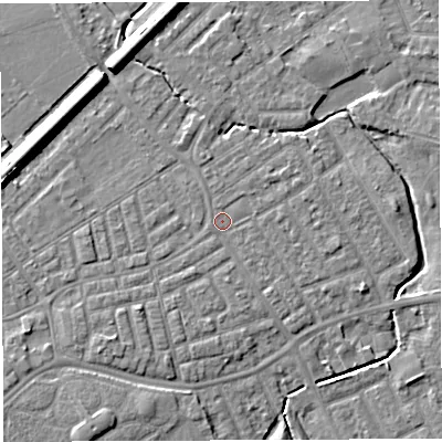 Shaded relief map of the ground around WA13SN, computed from Environment Agency LiDAR. The ground here sits at about 9 m above sea level and falls 9 m across the surrounding 800 m. Surface water reaching this point runs off ground lying to the south-west, 2.3 m higher.