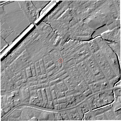 Shaded relief map of the ground around WA13SP, computed from Environment Agency LiDAR. The ground here sits at about 9 m above sea level and falls 9 m across the surrounding 800 m. The ground contributing surface water to this point lies to the north-west.