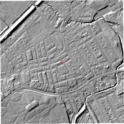 Shaded relief map of the ground around WA13SQ, computed from Environment Agency LiDAR. The ground here sits at about 9 m above sea level and falls 9 m across the surrounding 800 m. Surface water reaching this point runs off ground lying to the south-west, 2.3 m higher.