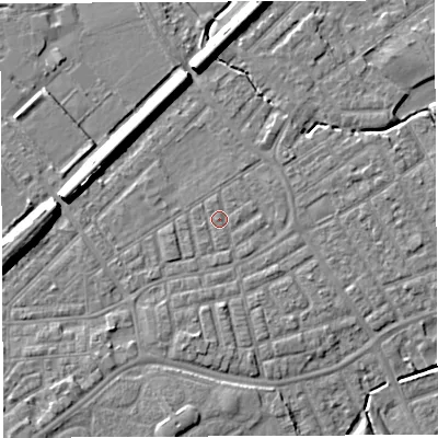 Shaded relief map of the ground around WA13SR, computed from Environment Agency LiDAR. The ground here sits at about 9 m above sea level and falls 9 m across the surrounding 800 m. Surface water reaching this point runs off ground lying to the south, 0.7 m higher.