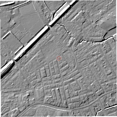 Shaded relief map of the ground around WA13SS, computed from Environment Agency LiDAR. The ground here sits at about 9 m above sea level and falls 9 m across the surrounding 800 m. Surface water reaching this point runs off ground lying to the south-south-west, 1.8 m higher.