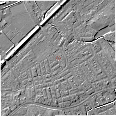 Shaded relief map of the ground around WA13ST, computed from Environment Agency LiDAR. The ground here sits at about 9 m above sea level and falls 9 m across the surrounding 800 m. Surface water reaching this point runs off ground lying to the south-west, 1.7 m higher.