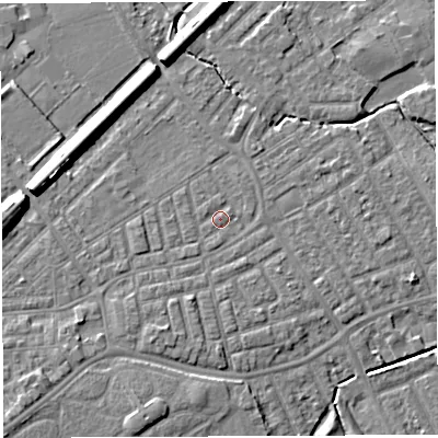 Shaded relief map of the ground around WA13SU, computed from Environment Agency LiDAR. The ground here sits at about 9 m above sea level and falls 9 m across the surrounding 800 m. Surface water reaching this point runs off ground lying to the south-west, 1.7 m higher.
