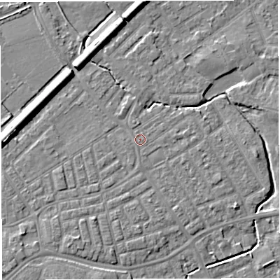 Shaded relief map of the ground around WA13SW, computed from Environment Agency LiDAR. The ground here sits at about 9 m above sea level and falls 9 m across the surrounding 800 m. The ground contributing surface water to this point lies to the east-south-east.