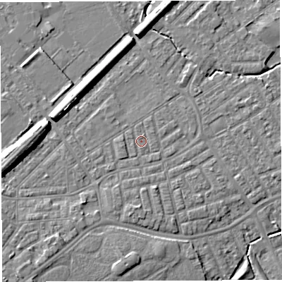 Shaded relief map of the ground around WA13SX, computed from Environment Agency LiDAR. The ground here sits at about 9 m above sea level and falls 9 m across the surrounding 800 m. Surface water reaching this point runs off ground lying to the south-south-east, 0.7 m higher.