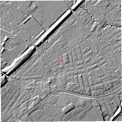 Shaded relief map of the ground around WA13SY, computed from Environment Agency LiDAR. The ground here sits at about 9 m above sea level and falls 10 m across the surrounding 800 m. Surface water reaching this point runs off ground lying to the south, 0.7 m higher.