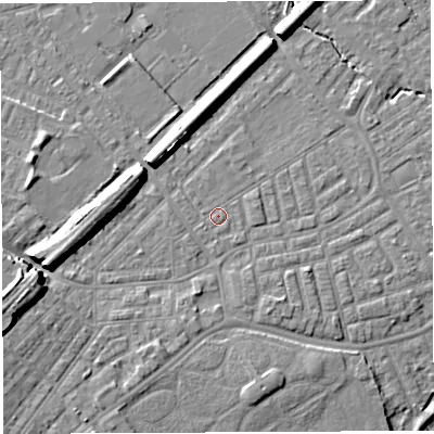 Shaded relief map of the ground around WA13SZ, computed from Environment Agency LiDAR. The ground here sits at about 9 m above sea level and falls 10 m across the surrounding 800 m. Surface water reaching this point runs off ground lying to the south-east, 0.7 m higher.