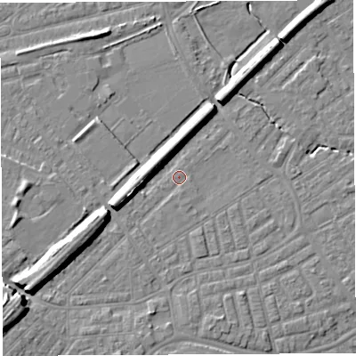 Shaded relief map of the ground around WA13TA, computed from Environment Agency LiDAR. The ground here sits at about 9 m above sea level and falls 9 m across the surrounding 800 m. Surface water reaching this point runs off ground lying to the south-west, 8.2 m higher.