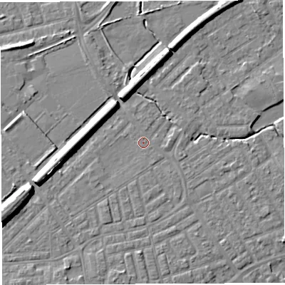 Shaded relief map of the ground around WA13TB, computed from Environment Agency LiDAR. The ground here sits at about 9 m above sea level and falls 8 m across the surrounding 800 m. Surface water reaching this point runs off ground lying to the south-south-west, 2.2 m higher.
