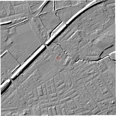 Shaded relief map of the ground around WA13TD, computed from Environment Agency LiDAR. The ground here sits at about 9 m above sea level and falls 8 m across the surrounding 800 m. Surface water reaching this point runs off ground lying to the south-south-west, 1.7 m higher.