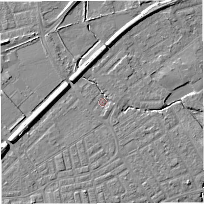 Shaded relief map of the ground around WA13TE, computed from Environment Agency LiDAR. The ground here sits at about 9 m above sea level and falls 9 m across the surrounding 800 m. Surface water reaching this point runs off ground lying to the south-south-east, 2.3 m higher.