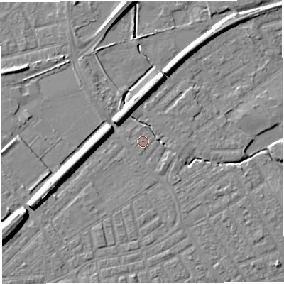 Shaded relief map of the ground around WA13TH, computed from Environment Agency LiDAR. The ground here sits at about 9 m above sea level and falls 8 m across the surrounding 800 m. Surface water reaching this point runs off ground lying to the south-east, 0.7 m higher.