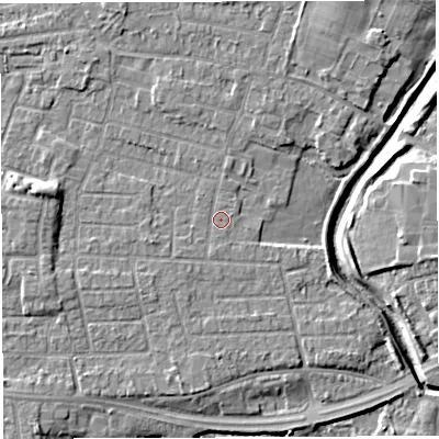 Shaded relief map of the ground around WA13TT, computed from Environment Agency LiDAR. The ground here sits at about 10 m above sea level and falls 7 m across the surrounding 800 m. Surface water reaching this point runs off ground lying to the south-west, 0.7 m higher.