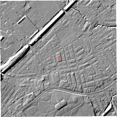 Shaded relief map of the ground around WA13TX, computed from Environment Agency LiDAR. The ground here sits at about 9 m above sea level and falls 9 m across the surrounding 800 m. Surface water reaching this point runs off ground lying to the south, 1.6 m higher.