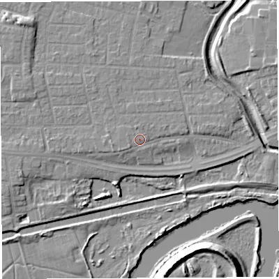 Shaded relief map of the ground around WA13TZ, computed from Environment Agency LiDAR. The ground here sits at about 10 m above sea level and falls 12 m across the surrounding 800 m. Surface water reaching this point runs off ground lying to the west-north-west, 0.6 m higher.