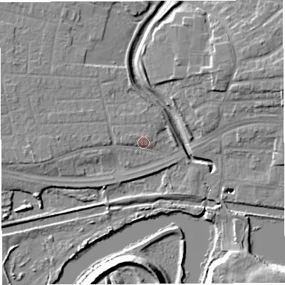 Shaded relief map of the ground around WA13UA, computed from Environment Agency LiDAR. The ground here sits at about 10 m above sea level and falls 16 m across the surrounding 800 m. Surface water reaching this point runs off ground lying to the west, 2.1 m higher.