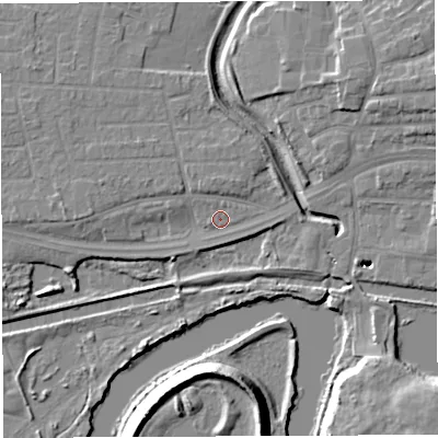 Shaded relief map of the ground around WA13UD, computed from Environment Agency LiDAR. The ground here sits at about 9 m above sea level and falls 16 m across the surrounding 800 m. Surface water reaching this point runs off ground lying to the west, 3.0 m higher.