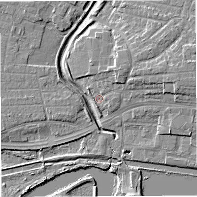 Shaded relief map of the ground around WA13UL, computed from Environment Agency LiDAR. The ground here sits at about 9 m above sea level and falls 13 m across the surrounding 800 m. Surface water reaching this point runs off ground lying to the north-east, 5.4 m higher.