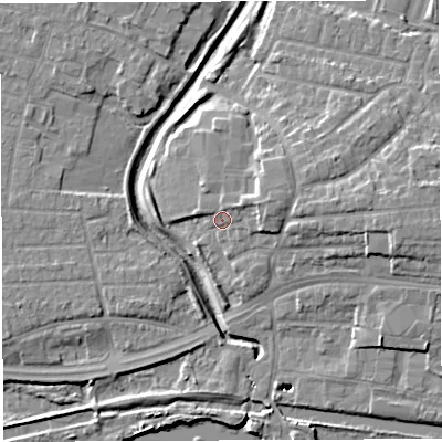Shaded relief map of the ground around WA13UN, computed from Environment Agency LiDAR. The ground here sits at about 11 m above sea level and falls 13 m across the surrounding 800 m. Surface water reaching this point runs off ground lying to the east-north-east, 4.4 m higher.