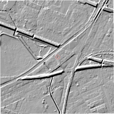 Shaded relief map of the ground around WA141AD, computed from Environment Agency LiDAR. The ground here sits at about 26 m above sea level and falls 9 m across the surrounding 800 m. Surface water reaching this point runs off ground lying to the south-east, 0.7 m higher.