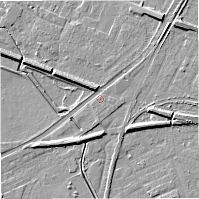 Shaded relief map of the ground around WA141AE, computed from Environment Agency LiDAR. The ground here sits at about 26 m above sea level and falls 9 m across the surrounding 800 m. Surface water reaching this point runs off ground lying to the south-south-west, 6.9 m higher.