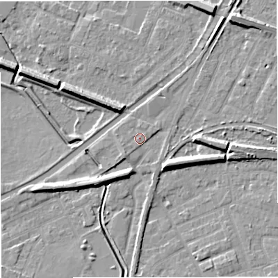 Shaded relief map of the ground around WA141AF, computed from Environment Agency LiDAR. The ground here sits at about 27 m above sea level and falls 9 m across the surrounding 800 m. Surface water reaching this point runs off ground lying to the south-west, 1.3 m higher.