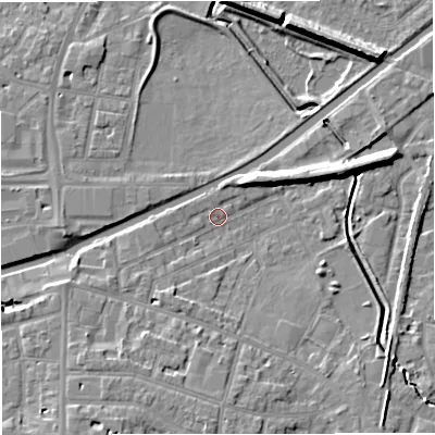 Shaded relief map of the ground around WA141LB, computed from Environment Agency LiDAR. The ground here sits at about 25 m above sea level and falls 9 m across the surrounding 800 m. Surface water reaching this point runs off ground lying to the south-west, 5.6 m higher.