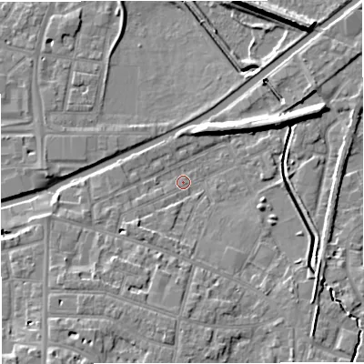Shaded relief map of the ground around WA141LP, computed from Environment Agency LiDAR. The ground here sits at about 25 m above sea level and falls 9 m across the surrounding 800 m. Surface water reaching this point runs off ground lying to the south, 6.5 m higher.