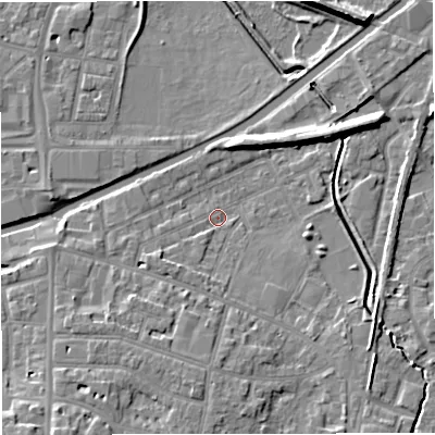 Shaded relief map of the ground around WA141LR, computed from Environment Agency LiDAR. The ground here sits at about 25 m above sea level and falls 9 m across the surrounding 800 m. Surface water reaching this point runs off ground lying to the south, 6.5 m higher.