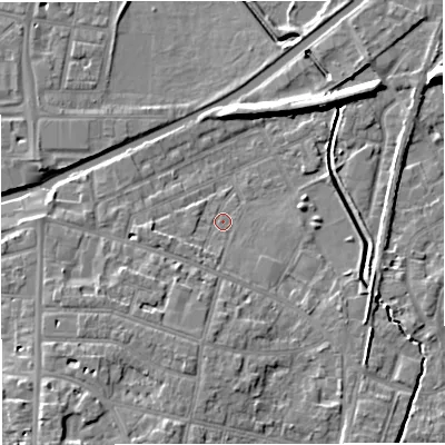 Shaded relief map of the ground around WA141LT, computed from Environment Agency LiDAR. The ground here sits at about 26 m above sea level and falls 9 m across the surrounding 800 m. Surface water reaching this point runs off ground lying to the south-south-west, 5.3 m higher.
