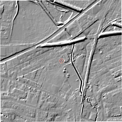 Shaded relief map of the ground around WA141LU, computed from Environment Agency LiDAR. The ground here sits at about 25 m above sea level and falls 9 m across the surrounding 800 m. Surface water reaching this point runs off ground lying to the east-north-east, 8.3 m higher.