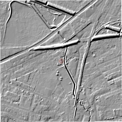 Shaded relief map of the ground around WA141LX, computed from Environment Agency LiDAR. The ground here sits at about 25 m above sea level and falls 9 m across the surrounding 800 m. Surface water reaching this point runs off ground lying to the east-north-east, 8.3 m higher.