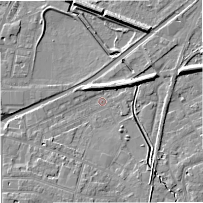 Shaded relief map of the ground around WA141LY, computed from Environment Agency LiDAR. The ground here sits at about 25 m above sea level and falls 9 m across the surrounding 800 m. Surface water reaching this point runs off ground lying to the east-north-east, 7.1 m higher.