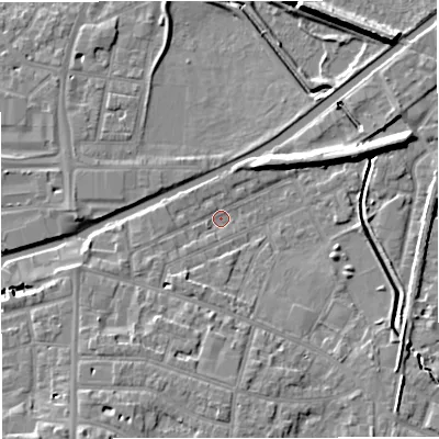 Shaded relief map of the ground around WA141LZ, computed from Environment Agency LiDAR. The ground here sits at about 25 m above sea level and falls 9 m across the surrounding 800 m. Surface water reaching this point runs off ground lying to the south, 6.5 m higher.