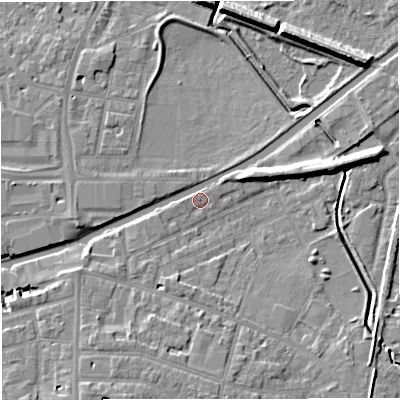 Shaded relief map of the ground around WA141NE, computed from Environment Agency LiDAR. The ground here sits at about 26 m above sea level and falls 9 m across the surrounding 800 m. Surface water reaching this point runs off ground lying to the south-south-west, 5.9 m higher.