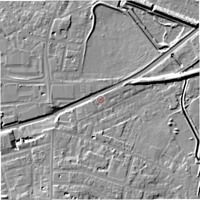 Shaded relief map of the ground around WA141NJ, computed from Environment Agency LiDAR. The ground here sits at about 26 m above sea level and falls 9 m across the surrounding 800 m. Surface water reaching this point runs off ground lying to the east-north-east, 6.9 m higher.
