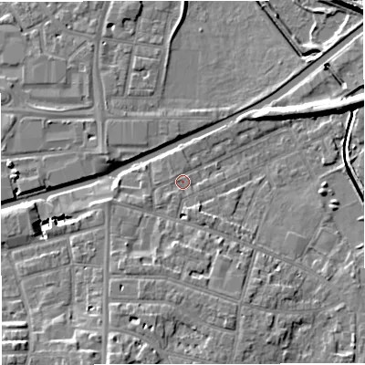 Shaded relief map of the ground around WA141NY, computed from Environment Agency LiDAR. The ground here sits at about 27 m above sea level and falls 9 m across the surrounding 800 m. Surface water reaching this point runs off ground lying to the south-south-west, 3.4 m higher.