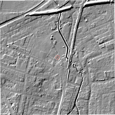 Shaded relief map of the ground around WA141PA, computed from Environment Agency LiDAR. The ground here sits at about 26 m above sea level and falls 9 m across the surrounding 800 m. Surface water reaching this point runs off ground lying to the south-south-east, 1.9 m higher.