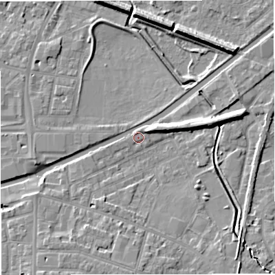 Shaded relief map of the ground around WA141PB, computed from Environment Agency LiDAR. The ground here sits at about 26 m above sea level and falls 9 m across the surrounding 800 m. Surface water reaching this point runs off ground lying to the south-west, 5.6 m higher.