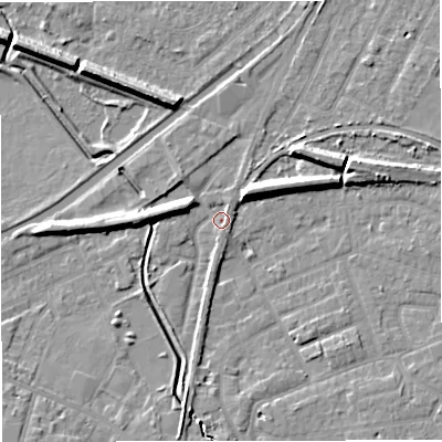 Shaded relief map of the ground around WA141SH, computed from Environment Agency LiDAR. The ground here sits at about 26 m above sea level and falls 9 m across the surrounding 800 m. Surface water reaching this point runs off ground lying to the south-east, 3.5 m higher.