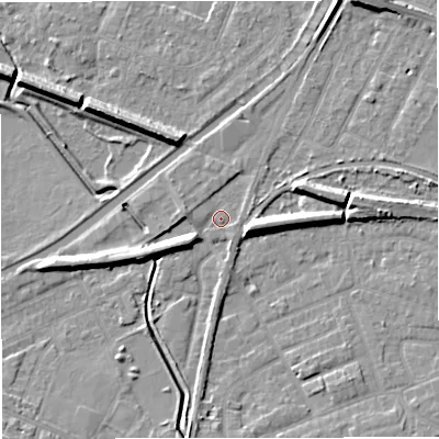 Shaded relief map of the ground around WA141SJ, computed from Environment Agency LiDAR. The ground here sits at about 26 m above sea level and falls 9 m across the surrounding 800 m. Surface water reaching this point runs off ground lying to the east-north-east, 6.8 m higher.