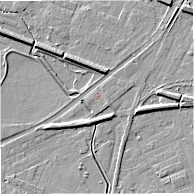 Shaded relief map of the ground around WA141SP, computed from Environment Agency LiDAR. The ground here sits at about 26 m above sea level and falls 9 m across the surrounding 800 m. Surface water reaching this point runs off ground lying to the east-south-east, 1.5 m higher.