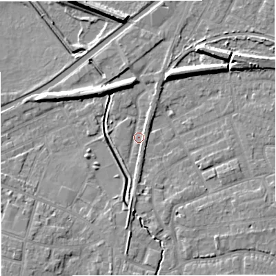 Shaded relief map of the ground around WA141SR, computed from Environment Agency LiDAR. The ground here sits at about 25 m above sea level and falls 9 m across the surrounding 800 m. Surface water reaching this point runs off ground lying to the south, 3.2 m higher.
