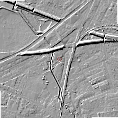 Shaded relief map of the ground around WA141SS, computed from Environment Agency LiDAR. The ground here sits at about 25 m above sea level and falls 9 m across the surrounding 800 m. Surface water reaching this point runs off ground lying to the east-north-east, 7.9 m higher.