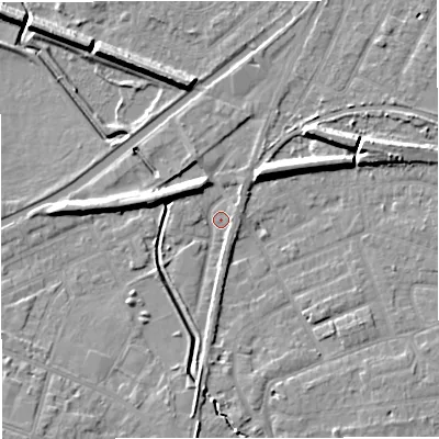 Shaded relief map of the ground around WA141ST, computed from Environment Agency LiDAR. The ground here sits at about 25 m above sea level and falls 9 m across the surrounding 800 m. Surface water reaching this point runs off ground lying to the north-east, 7.0 m higher.