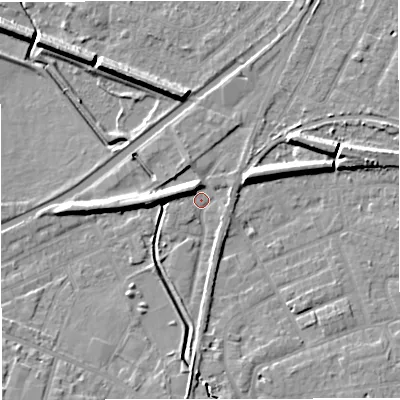 Shaded relief map of the ground around WA141SU, computed from Environment Agency LiDAR. The ground here sits at about 25 m above sea level and falls 9 m across the surrounding 800 m. Surface water reaching this point runs off ground lying to the west-north-west, 6.0 m higher.