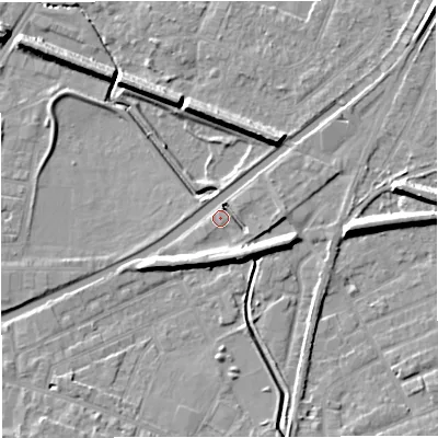 Shaded relief map of the ground around WA141SX, computed from Environment Agency LiDAR. The ground here sits at about 26 m above sea level and falls 9 m across the surrounding 800 m. Surface water reaching this point runs off ground lying to the south-south-east, 6.9 m higher.