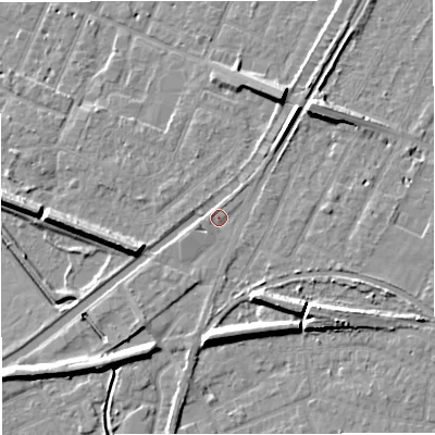 Shaded relief map of the ground around WA141TD, computed from Environment Agency LiDAR. The ground here sits at about 26 m above sea level and falls 9 m across the surrounding 800 m. Surface water reaching this point runs off ground lying to the north-west, 1.0 m higher.