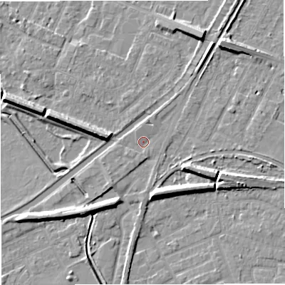Shaded relief map of the ground around WA141TF, computed from Environment Agency LiDAR. The ground here sits at about 26 m above sea level and falls 9 m across the surrounding 800 m. Surface water reaching this point runs off ground lying to the south-west, 2.0 m higher.