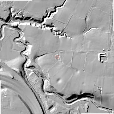 Shaded relief map of the ground around WA143BY, computed from Environment Agency LiDAR. The ground here sits at about 30 m above sea level and falls 21 m across the surrounding 800 m. Surface water reaching this point runs off ground lying to the east, 7.0 m higher.